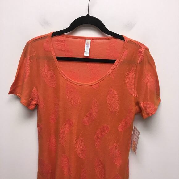 LulaRoe Orange Feather Print Scoop Neck Short Sleeve Jacquard Classic T-Shirt XS - Picture 2 of 8